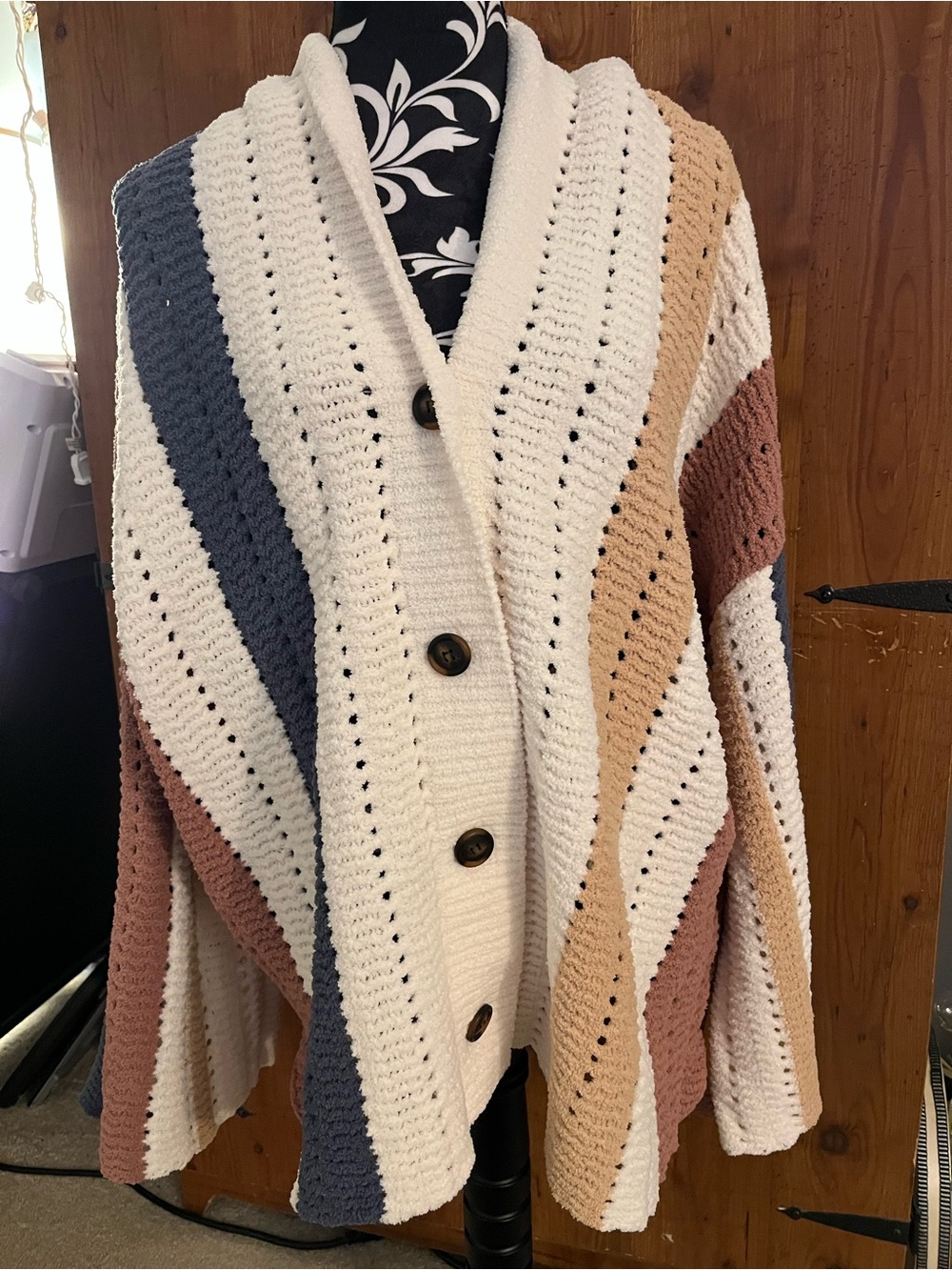 POL Striped Shawl Cardigan in Cream, Blue, Tan & Brown
